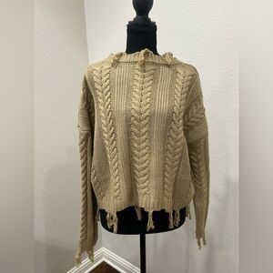 Altar'd State Chunky Cable Knit Sweater with Fringe Hem - Tan/Beige